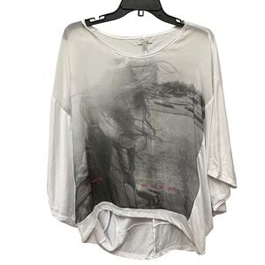 Zara Trafaluc Womens White Graphic Photo Print Batwing Sleeve Oversized Top M